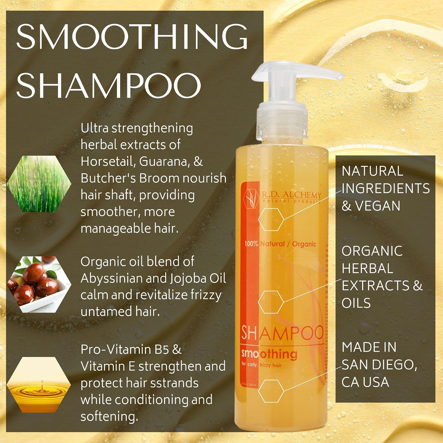 RD Alchemy - 100% Natural & Organic Smoothing Shampoo. Natural Hair Wash for Curly, Untamed, & Frizzy Hair. Sulfate Free Shampoo for Smooth, Shiny Hair