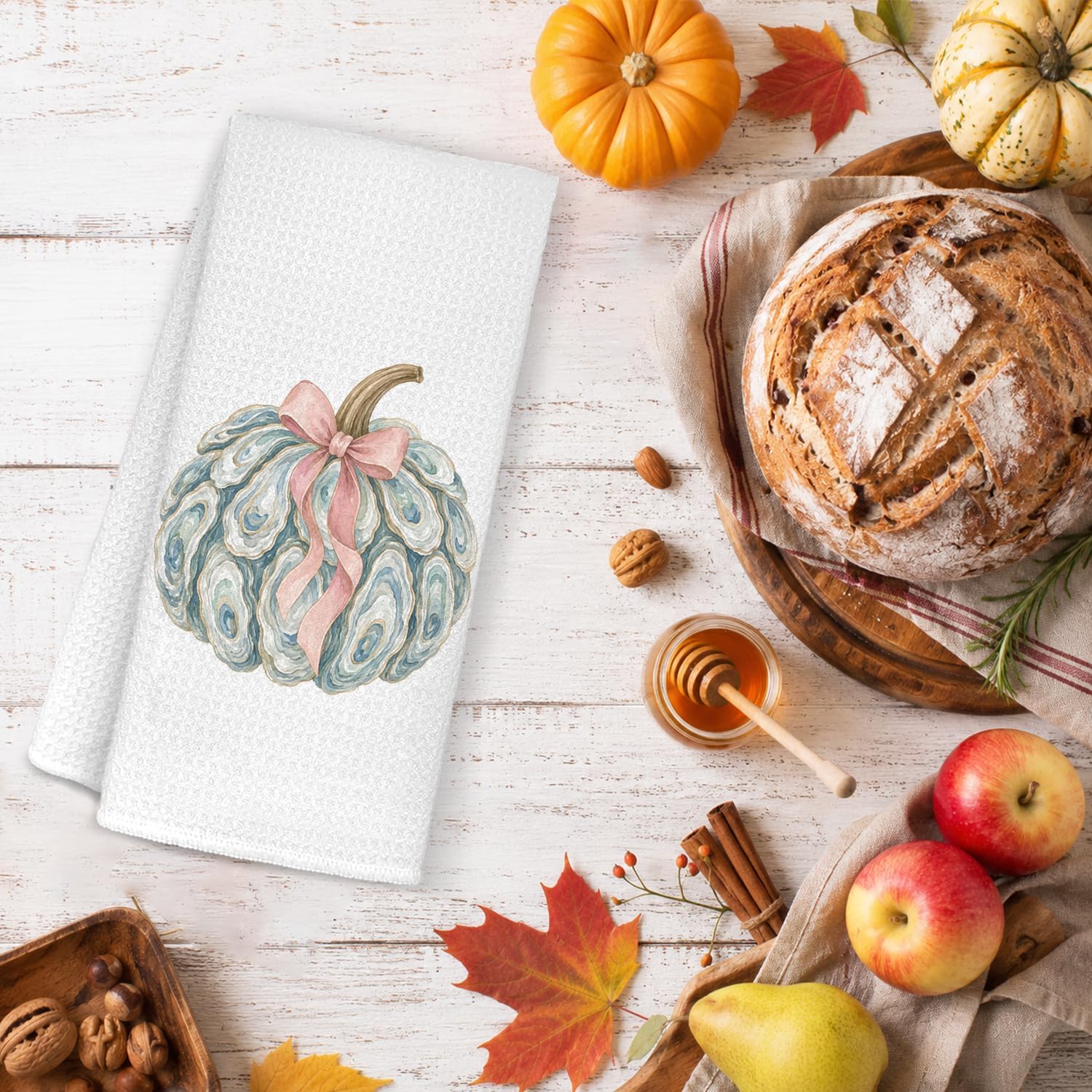 Coastal Fall Oyster Pumpkin Kitchen Dish Tea Towels 16x24 Inch
