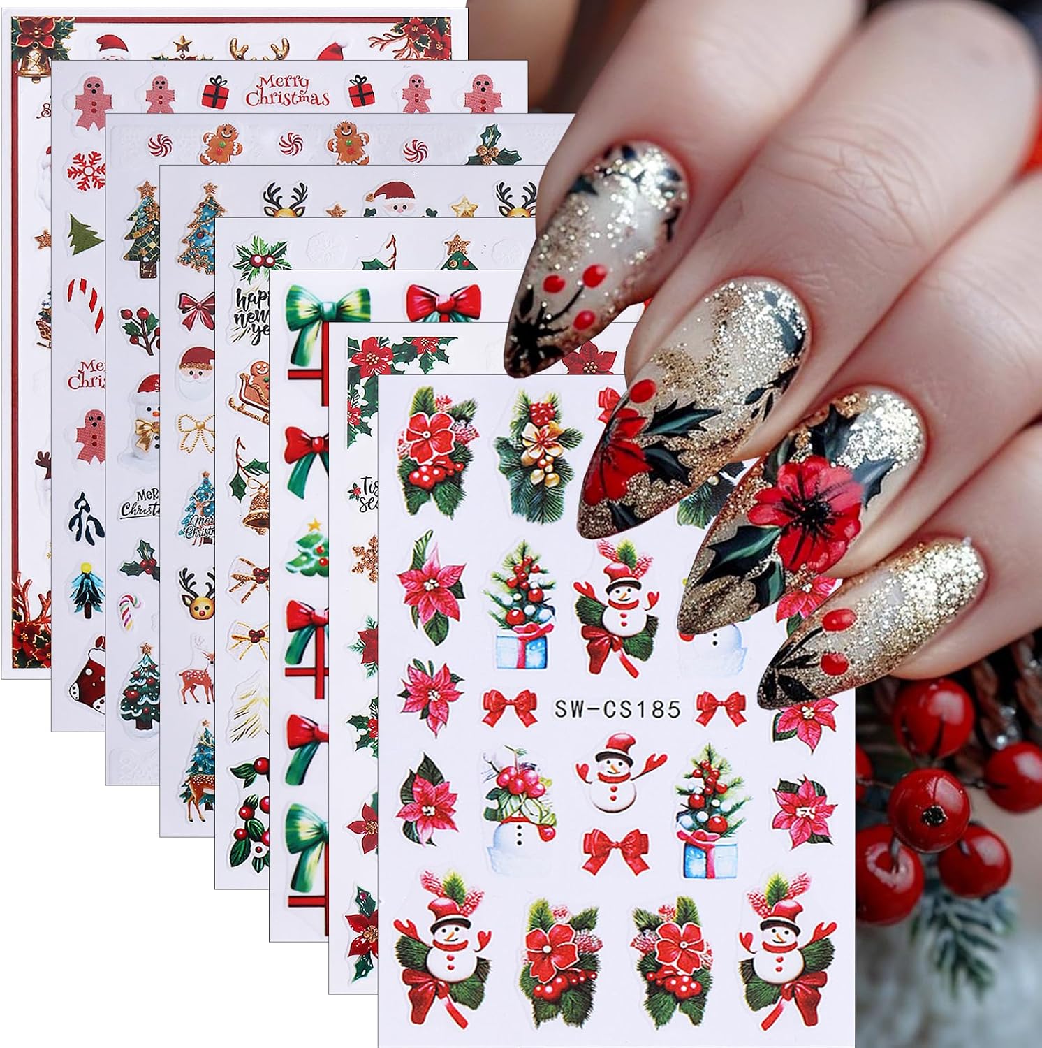 Christmas Nail Stickers for Nail Art, 8 Sheets Xmas Holly — free download
