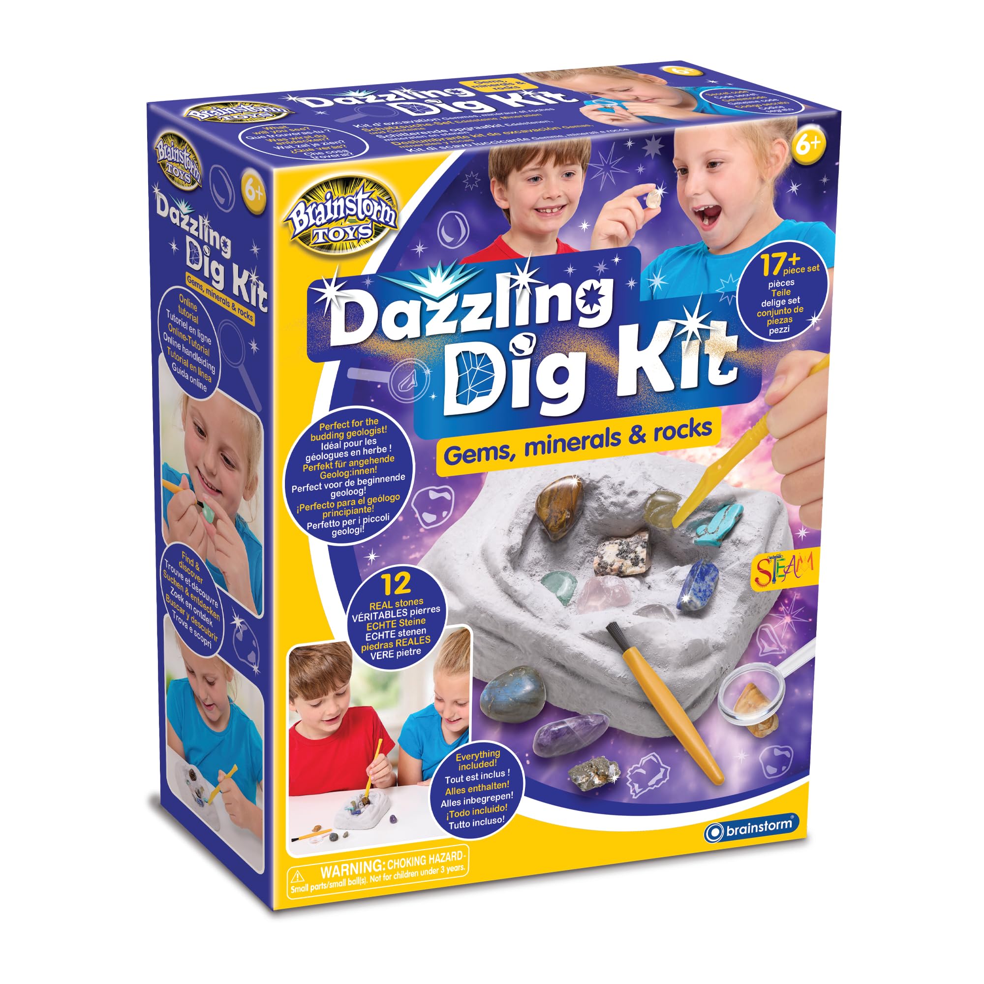 Brainstorm Toys Dazzling Dig Kit  17+ Piece Excavation Set with 12 Real Gemstones, Rocks & Minerals | STEM Geology Kit with Tools & Storage Bag