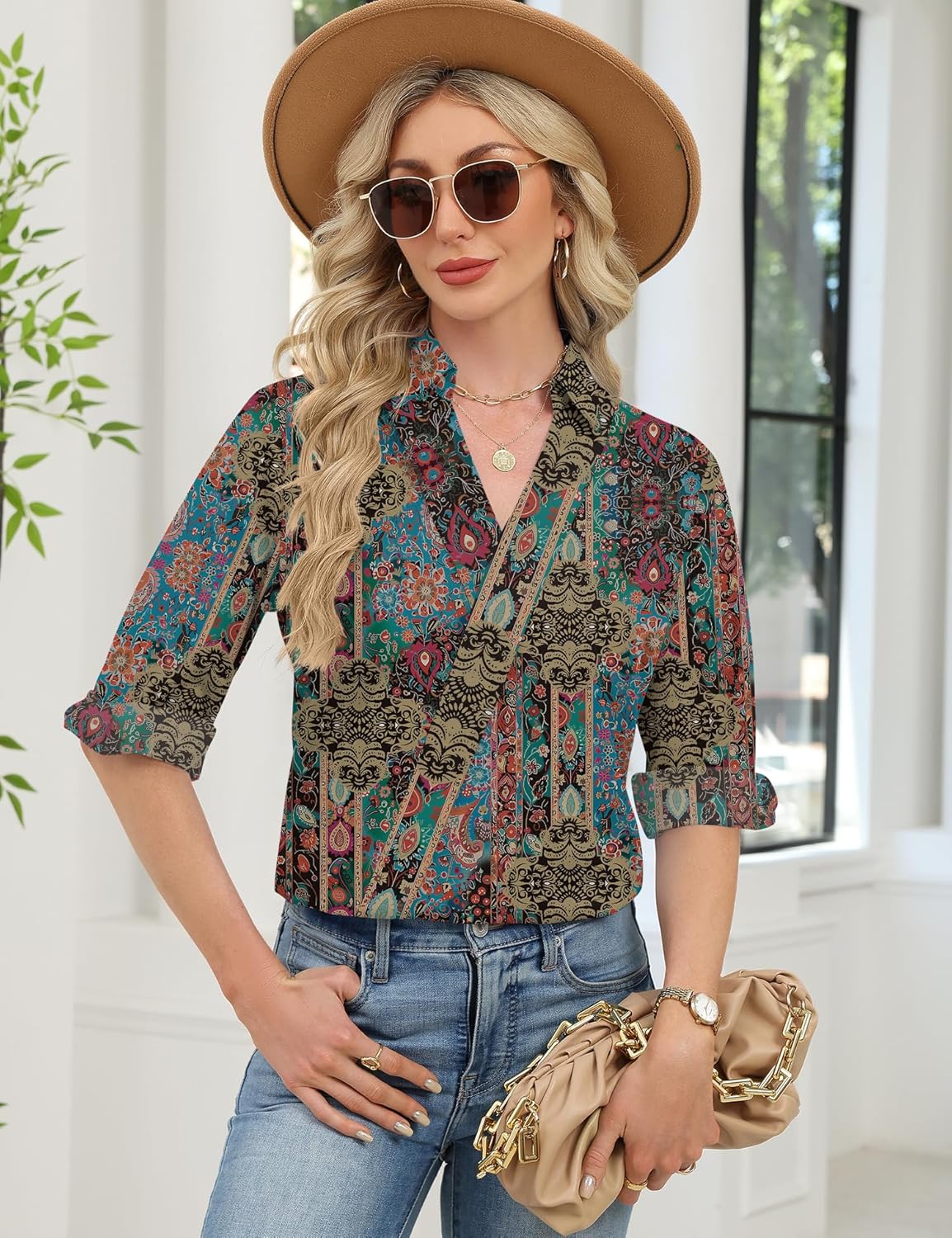 LOMON 3/4 Length Sleeve Womens Tops Dressy V Neck Collared Shirts Trendy Business Casual Work Blouses Vacation Outfits 2026