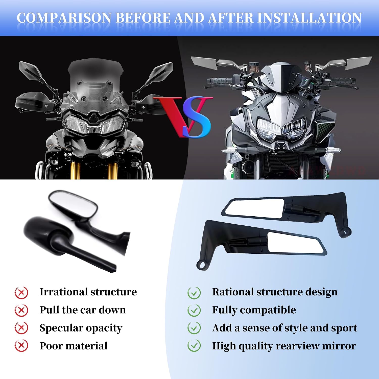 Motorcycle Mirrors For Handlebars,Compatible with Yamaha Ducati Kawasaki Honda Adjustable Rotating Motorcycle Rear View Mirror(8mm,10mm)1 Pair