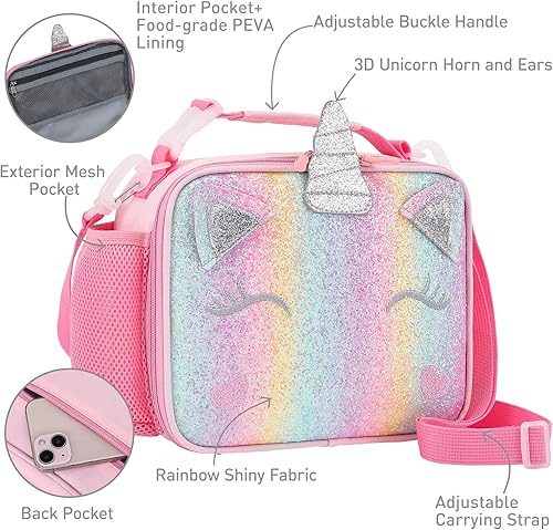Miniatura 4 de Hairao Lonchera de unicornio para niñas con correas ajustables para el hombro bolsa de almuerzo arco iris impermeable con aislamiento térmico para