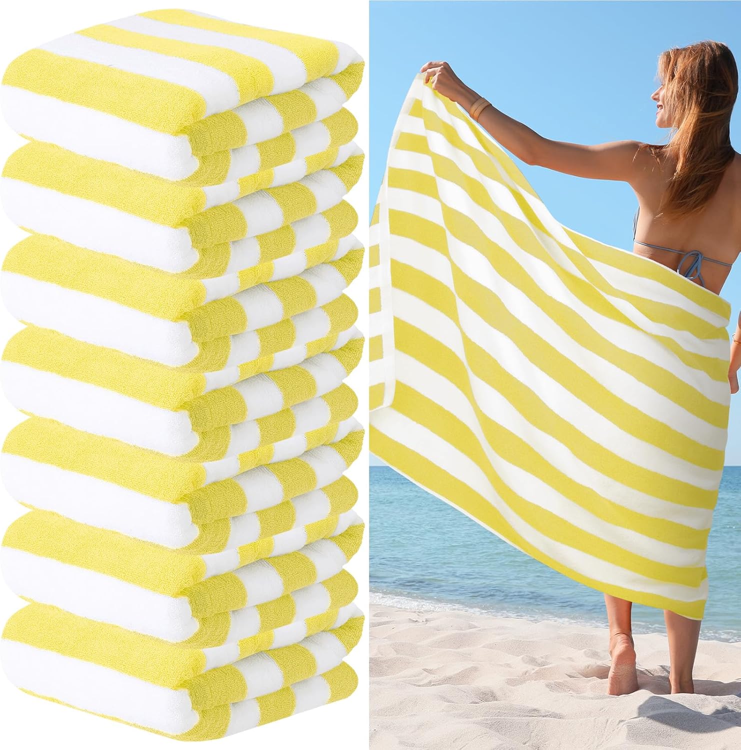 EBOOT 7 Pieces 100% Cotton Pool Beach Towels 30 x 70 Inch Cabana Oversized Basics Turkish Pool Bath for Hotel Swimming Bathroom(Yellow)