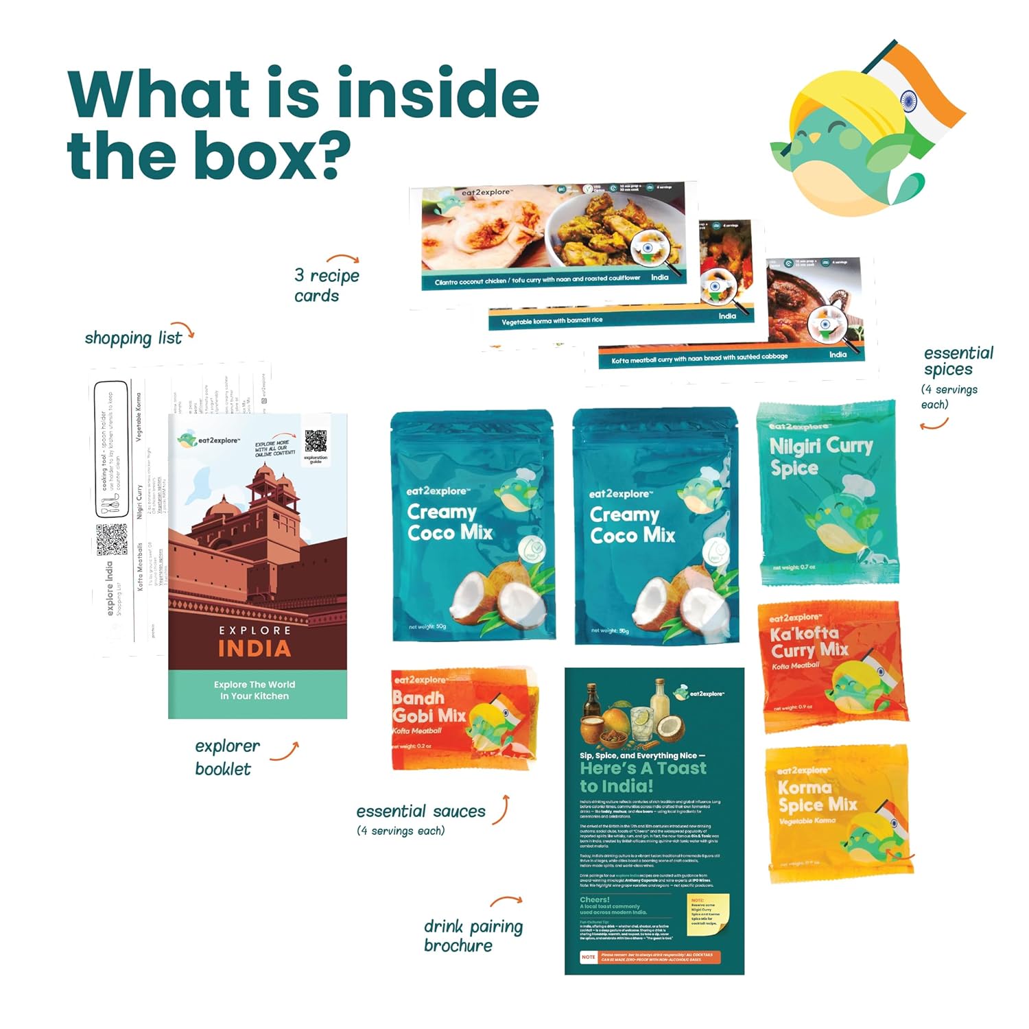 eat2explore Global Cooking Kit - Authentic Recipes, Essential Spices, Cultural Fun & Expert Drink Pairings - Perfect for Date Night and Dinner Parties (India Edition)