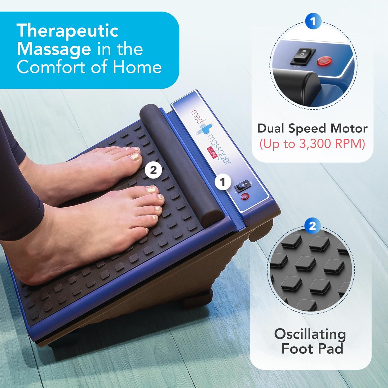 MedMassager Foot Massager Classic with feet on pad and control panel details