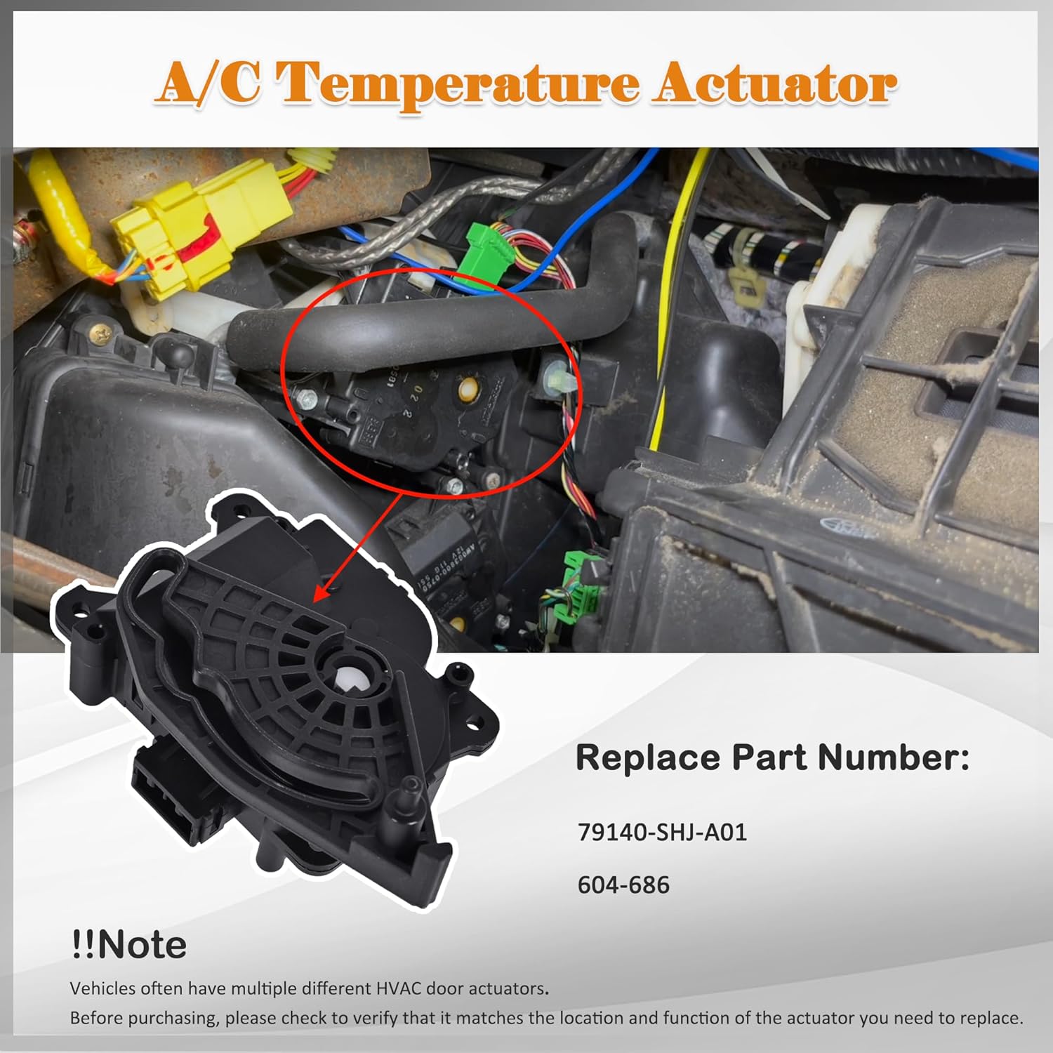 HVAC Heater Blend Door Actuator 79140-SHJ-A01 compatible with 2007-2013 Acura MDX 2005-2010 Honda Odyssey 2009-2015 Pilot 2006-2014 Ridge-line Mode Motor Assembly Replace# 604-868