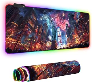 ANNA QUEEN RGB Gaming Mouse Pad XL 35.4"x15.7", Fireworks City LED Mousepad Large Extended Gaming Desk Mat, RGB Mousepad Non-Slip Rubber Base Smooth Surface Keyboard Mouse Pad