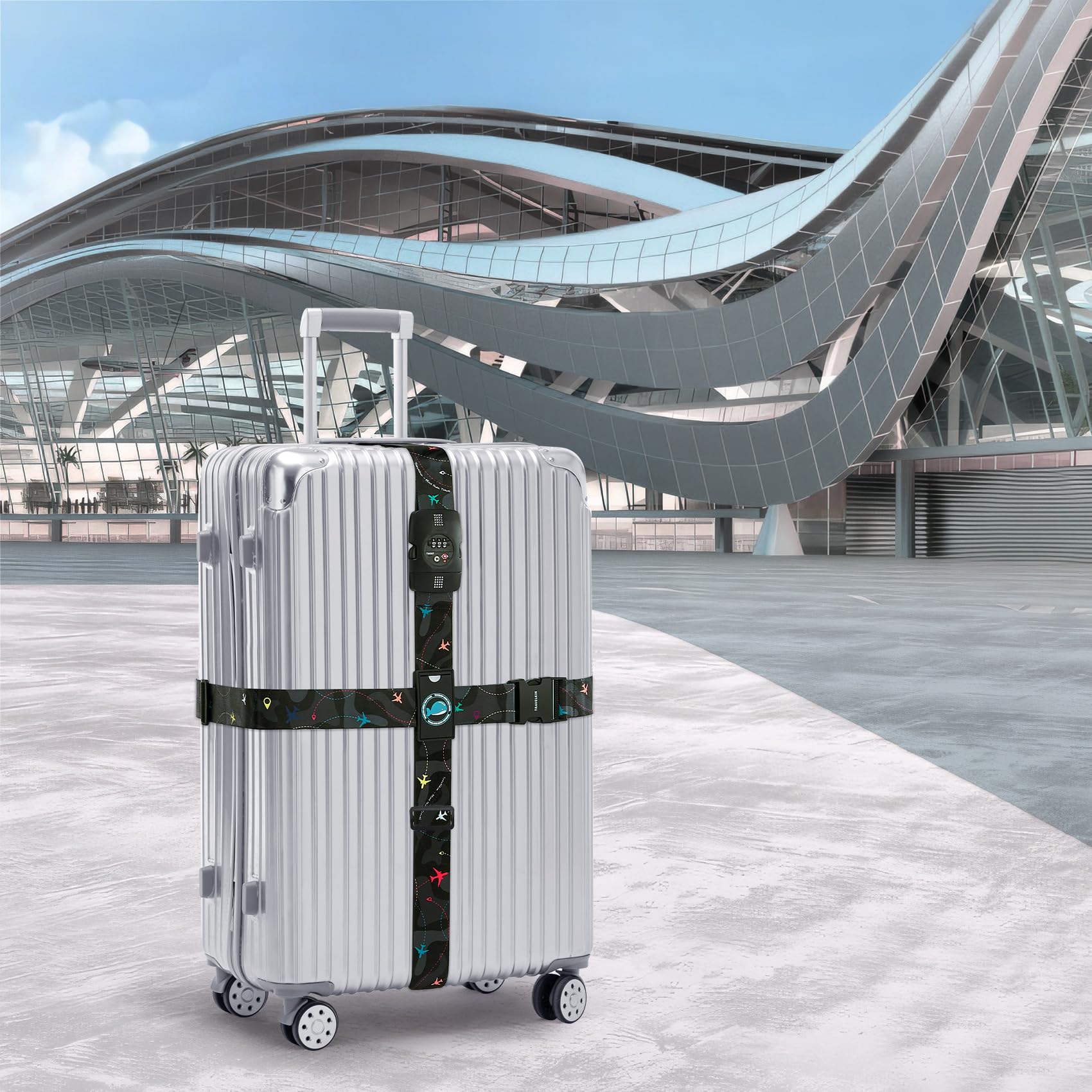 Travelkin - Cinghie per bagagli approvate dalla TSA, regolabili, incrociate, con lucchetto TSA, fibbia rinforzata, motivo unico, resistenti, per viaggi (motivo aereo, nero)
