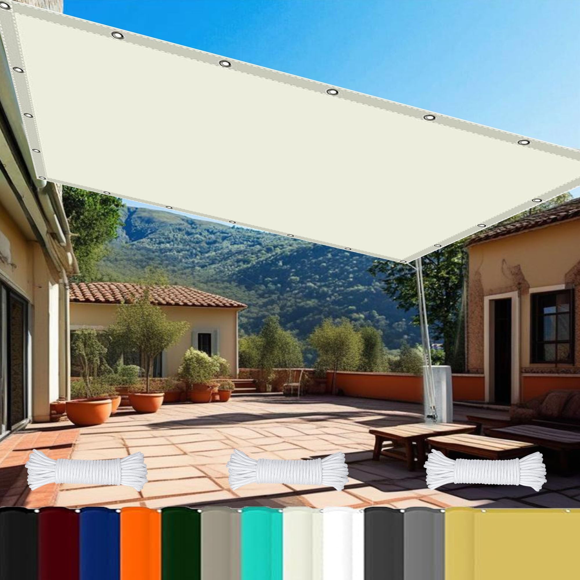 Sonnensegel 3.3 x 3.5 m Reißfest Uv-Schutz Nach Mass Polyestergewebe mit Seil Sonnensegel Auf Balkon Schattenspender für Gewächshaus/Hinterhof, cremefarben