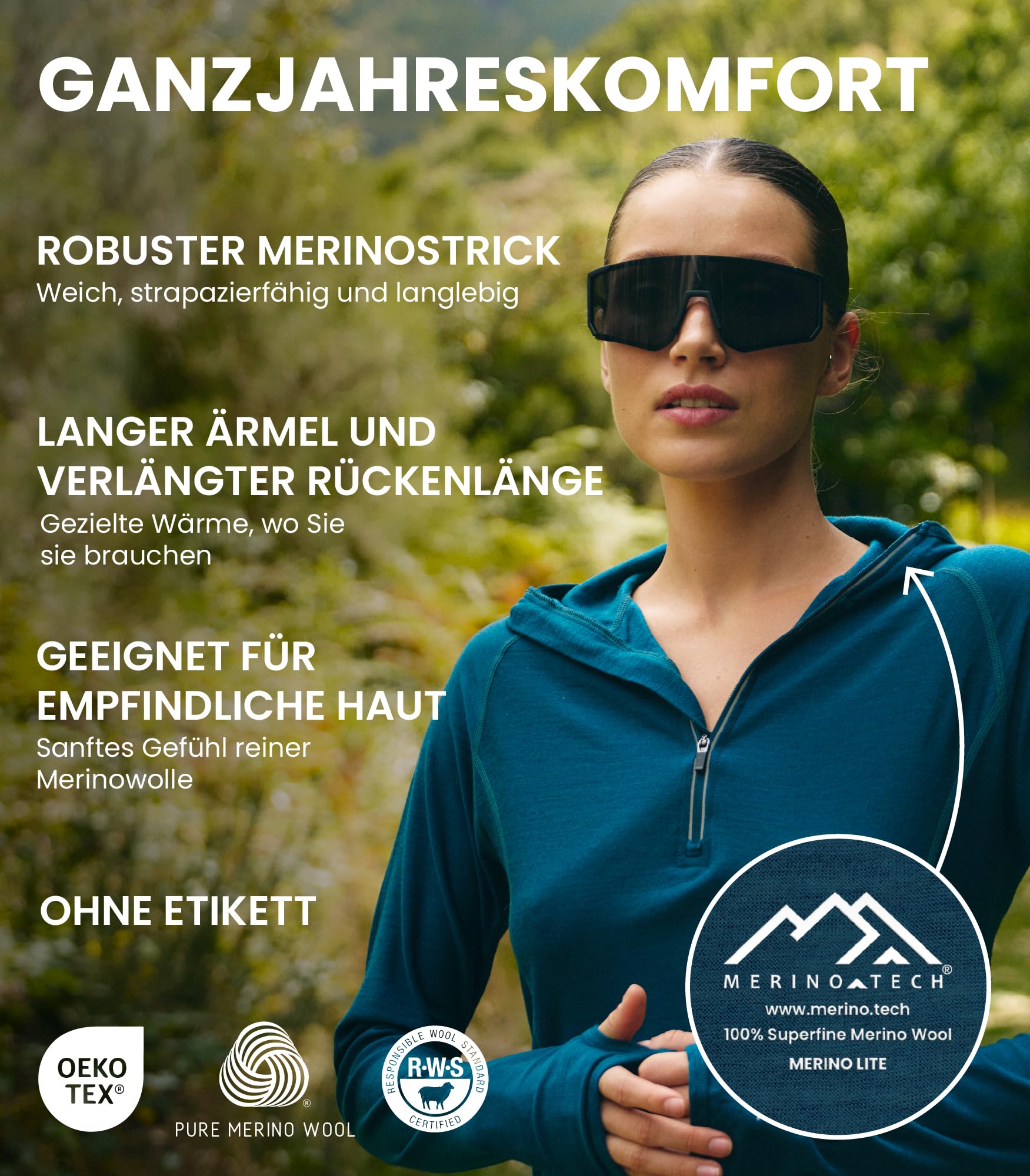 Merino.tech Merino Kapuzenpullover Damen - Merino Hoodie, Thermo Shirt Damen Langarm mit Kapuze