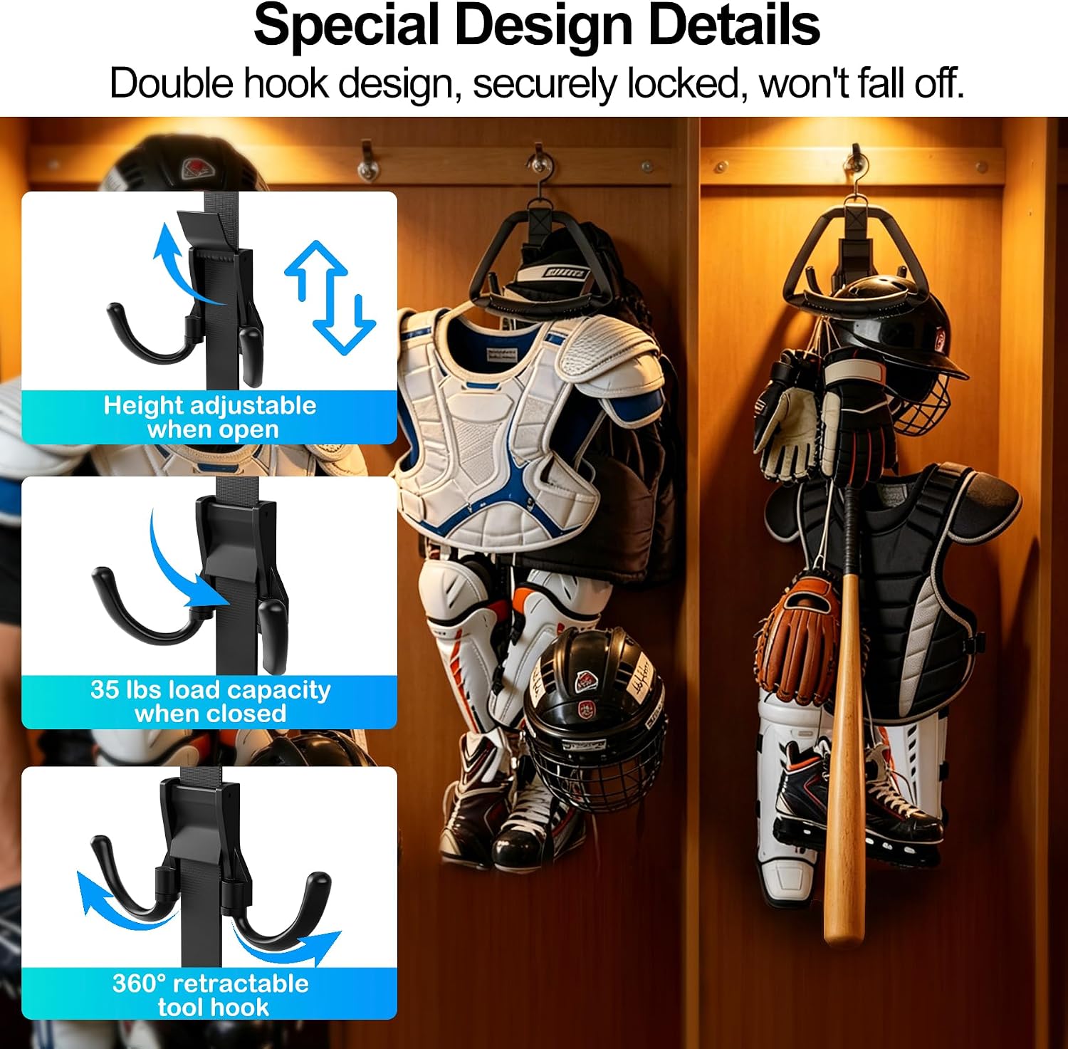 Hockey Equipment Drying Rack Rotatable Hook | 5 Adjustable Hooks, Space-Saving Wall-Mounted Equipment for Skates, Gloves, Pads, Helmet, Jersey