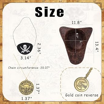 Renaissance Pirate Hat Costume Set Tricorn Hat with Eye Patch & Necklace Halloween Accessories for Men & Women, Pirate Cosplay Decoration