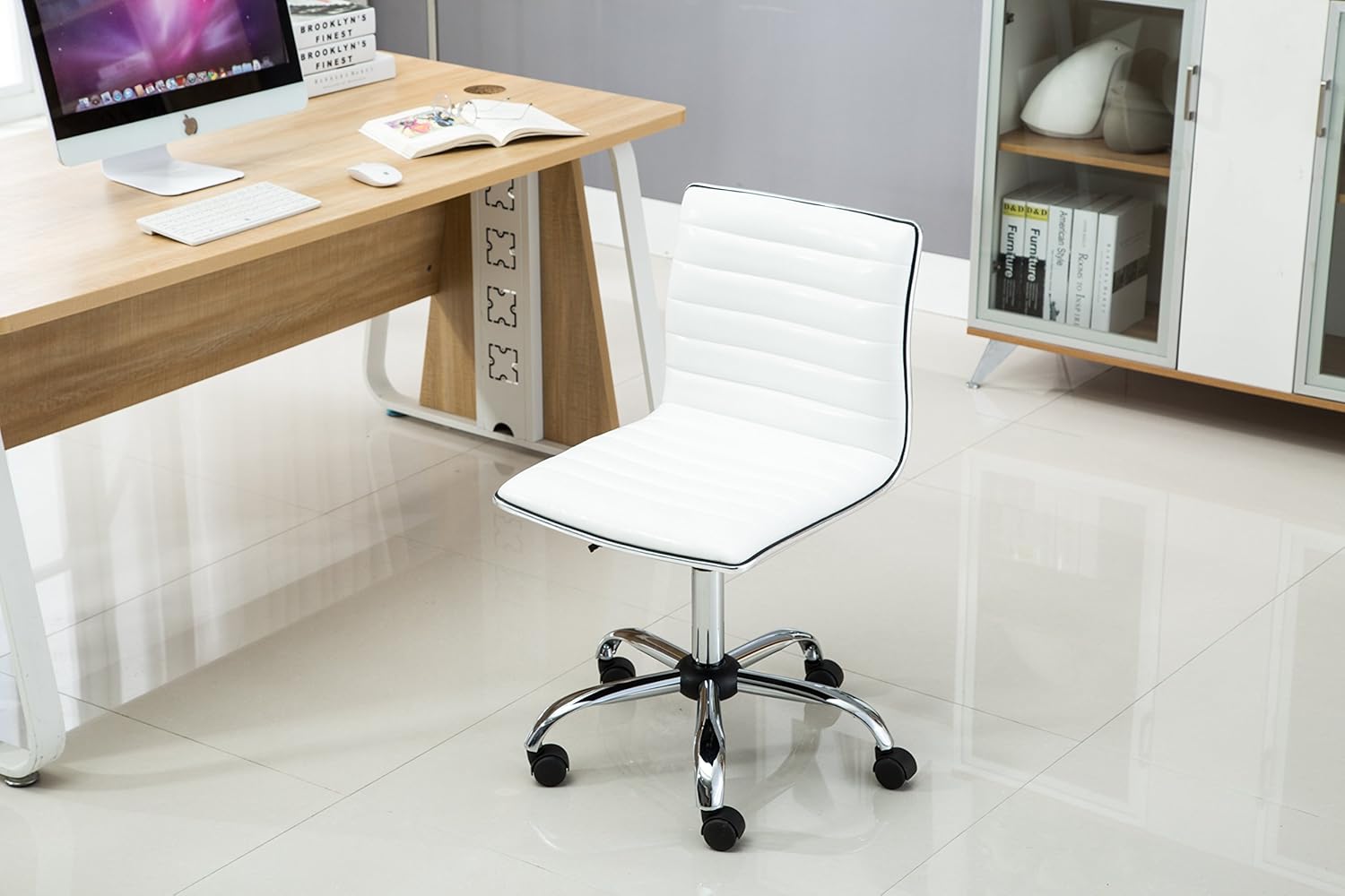 BTEXPERT BTExpert Swivel Mid Back Armless Ribbed Designer Task Chair Leather Soft Upholstery Office Chair - White