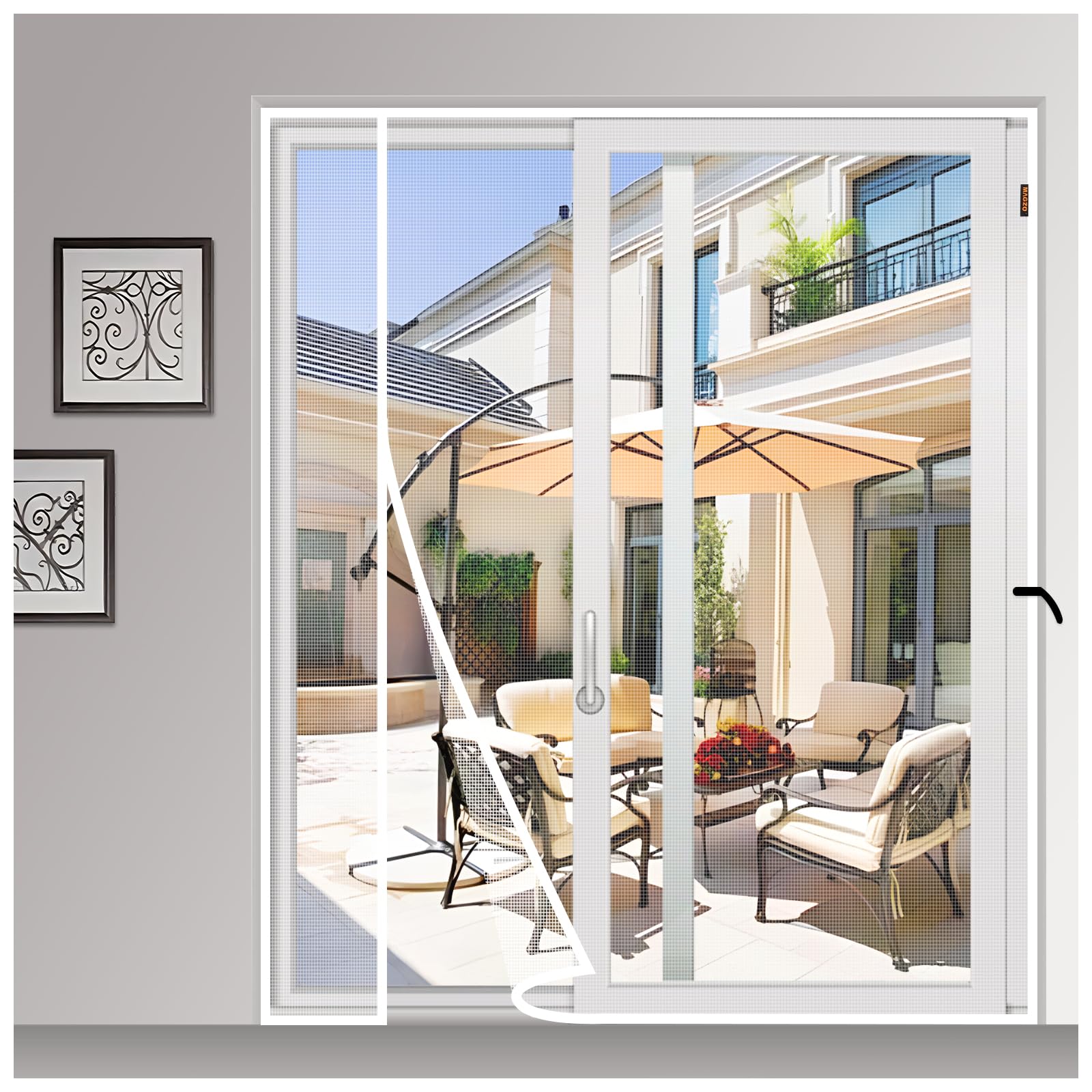 MAGZO Magnetic Screen Door, Fits Door Size 60'' x 80'', Reversible Left Right Side Opening, Upgraded Polyester Prevent Small Pets from Scratching The Mesh, Keep Open with Hook&Loop Straps (White)