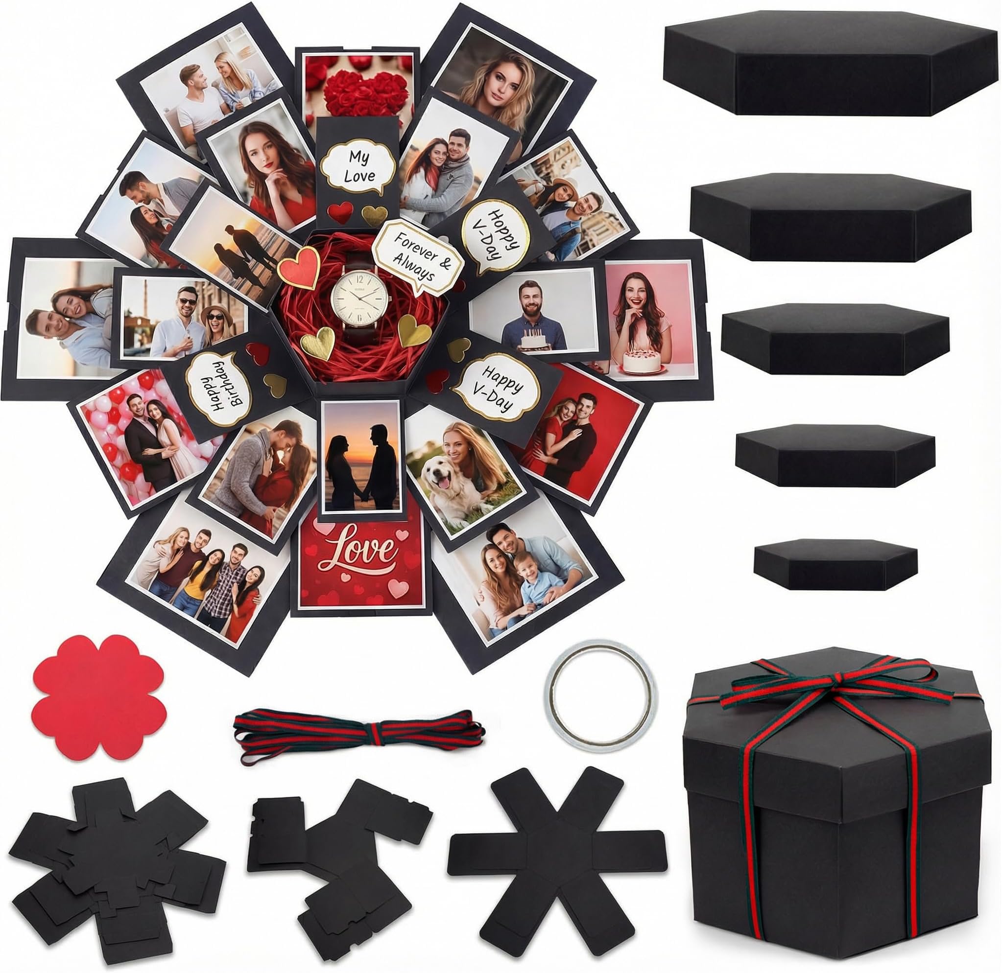 Koogel Explosion Gift Box, Handmade Exploding Photo Album Pre-Assembled Surprise Picture Pop Up Love Box with Creative DIY Scrapbooking Accessories for Anniversary Birthday Wedding