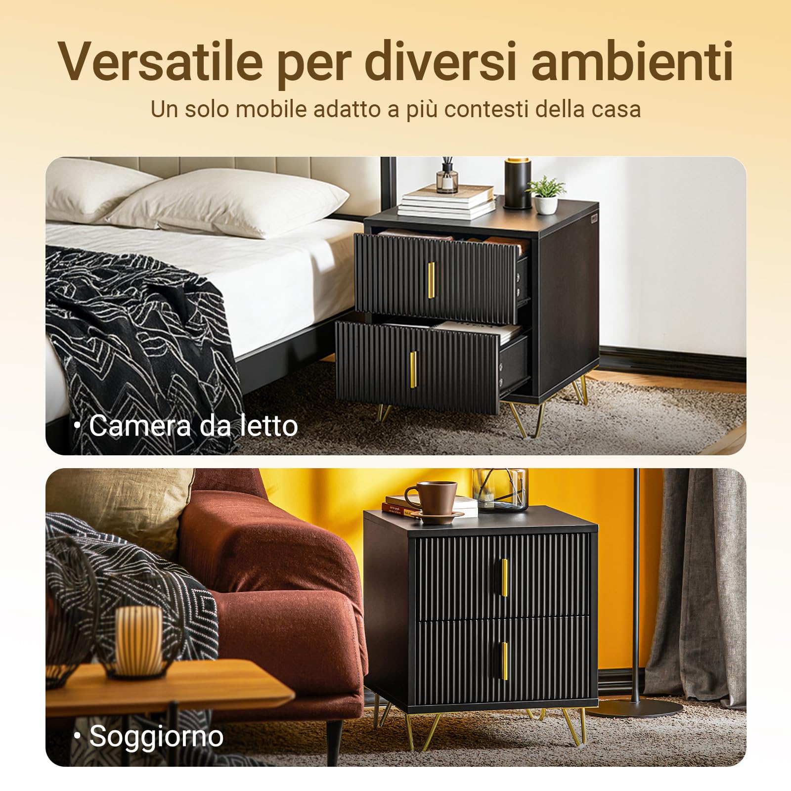 SoBuy set di 2 Comodino camera da letto con 2 cassetti e gambe in metallo dorato, tavolino da letto moderno per camera e soggiorno, Nero, 40x40x47 cm, FBT115-SCHx2