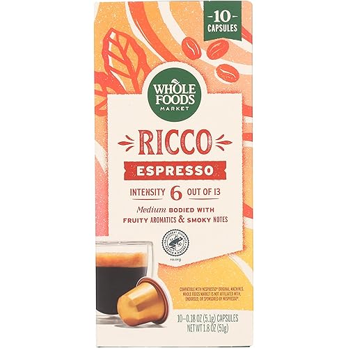 Whole Foods Market, Ricco Espresso Pods, Medium Bodied, Fruity Aromatics & Smoky Notes, 10 Count