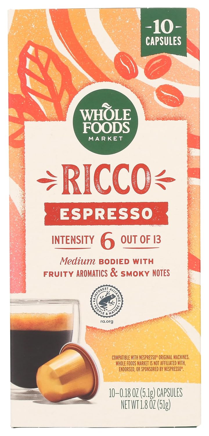 Whole Foods Market, Ricco Espresso Pods, Medium Bodied, Fruity Aromatics & Smoky Notes, 10 Count