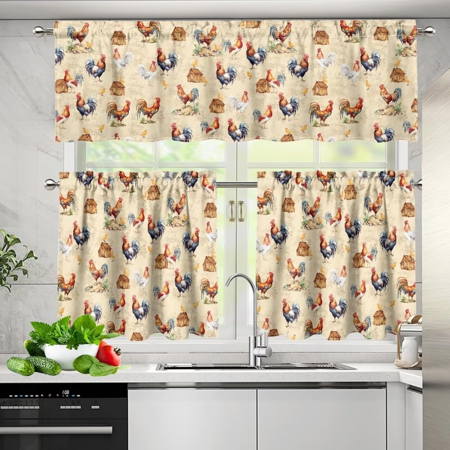 Rooster 3Pcs Set Curtains Valances for Windows Short Bathroom Curtains House Print Blackout Curtain Set Small Kitchen Window Curtain with Valance