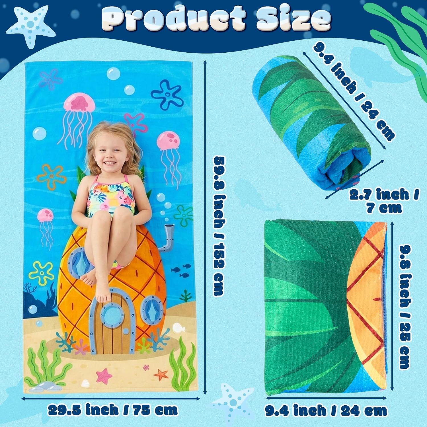 Cartoon Sponge Beach Towel for Kids, 30 x 60 inch Blue Ocean Under The Sea Thin Microfiber Sand Free Quick Dry Bath Pool Towel Blanket for Children Summer Pool Party Swimming Sport Supplies