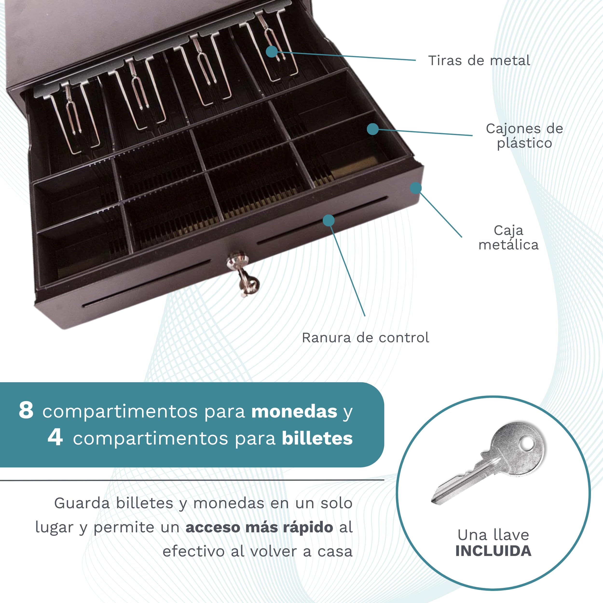 Cajón Portamonedas Caja Registradora - Apertura Automática RJ11 o Manual con Llaves - Organizador de Dinero 4 Compartimentos para Billetes 8 para Monedas - 41x42x11cm - Estructura Metálica - Negro