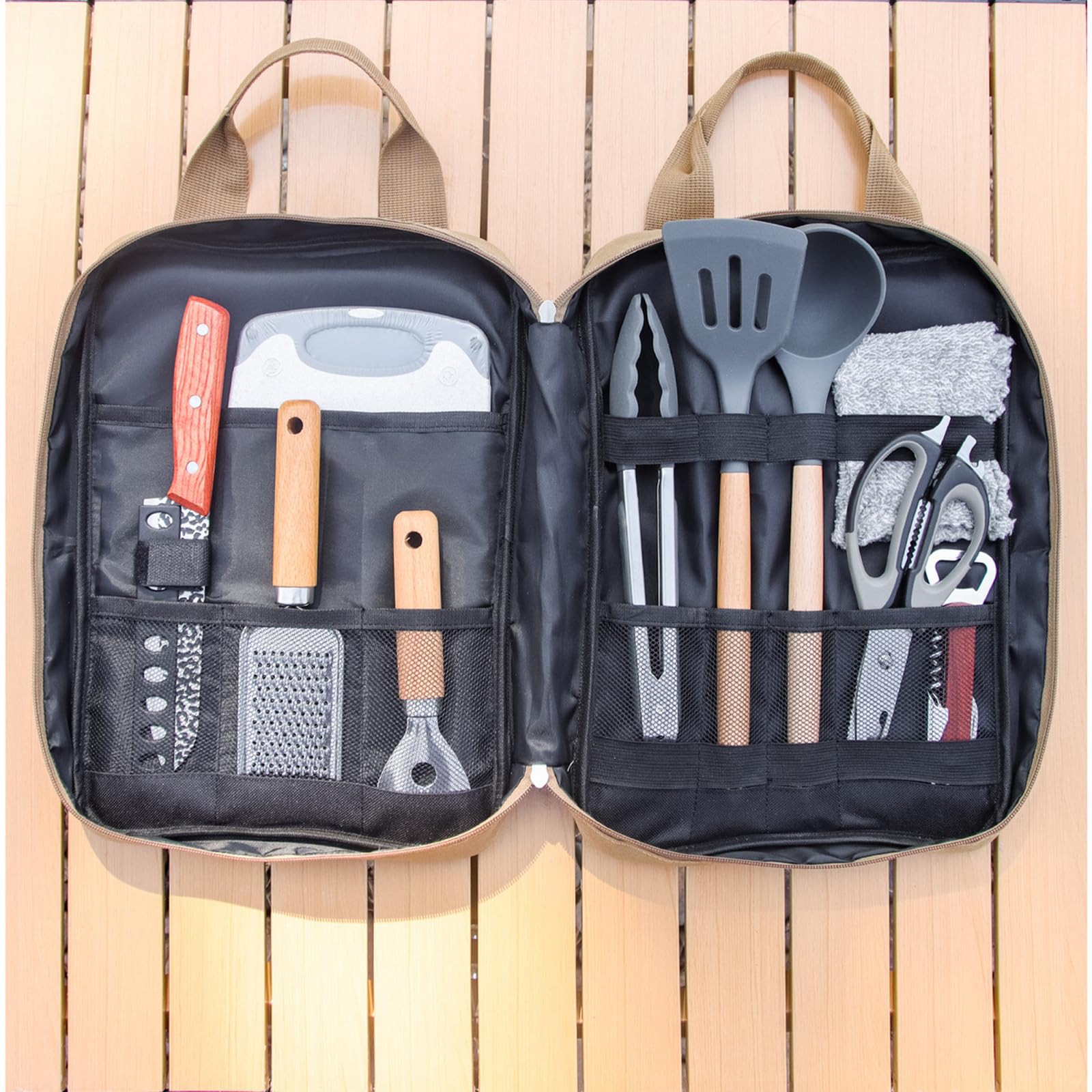 Sadodo Juego de utensilios de cocina para camping, 11 piezas, con organizador, bolsa de transporte, utensilios de cocina de silicona y acero inoxidable