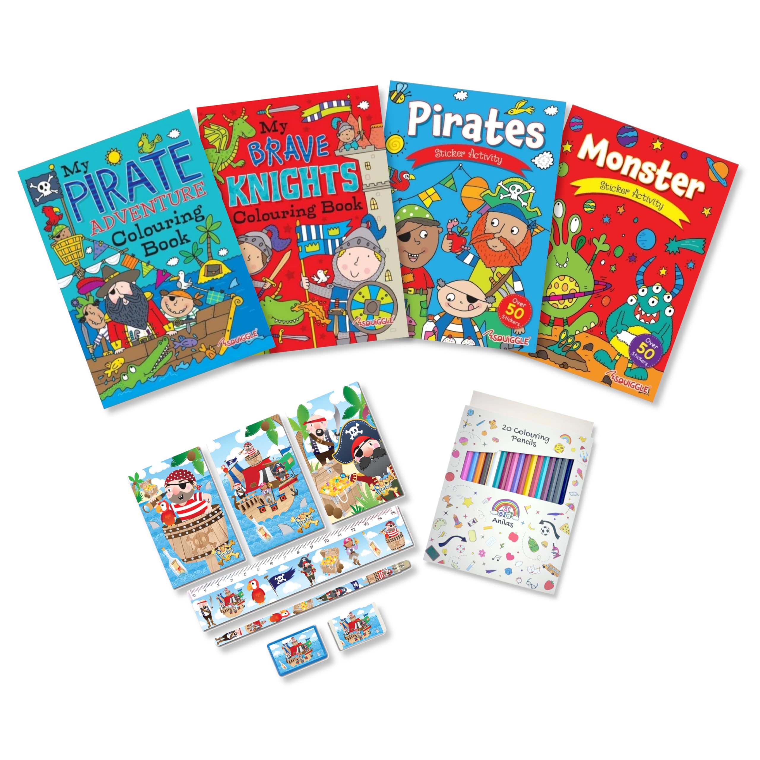Pirate, Monster and Knight Colouring and Activity Books with Stickers, Stationery and Pencils