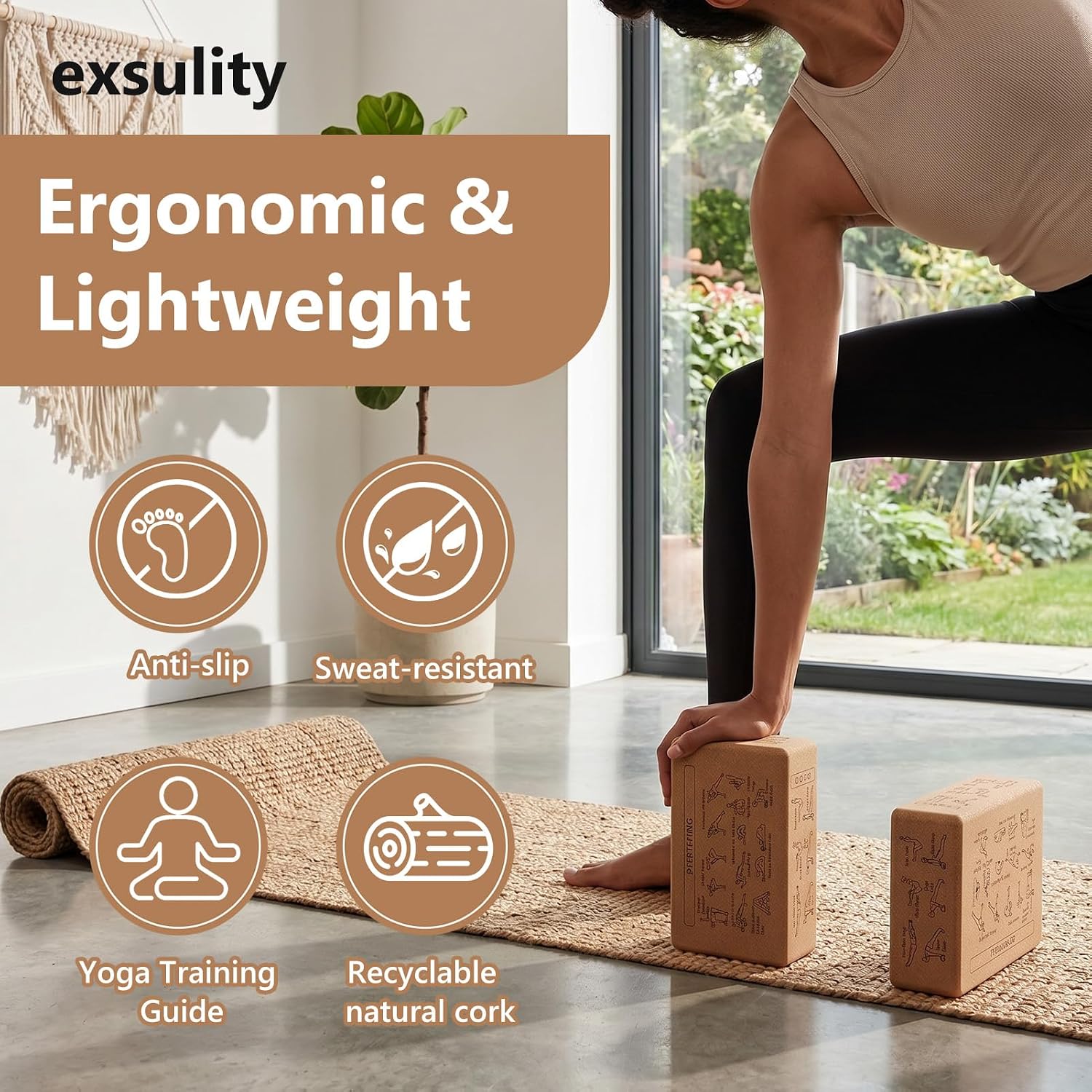 2pcs Cork Blocks, 43 Poses, Non-Slip, Stable Support | Premium Cork, Multifunctional, for Yoga Beginners Meditation Fitness Stretching, Ideal Gift