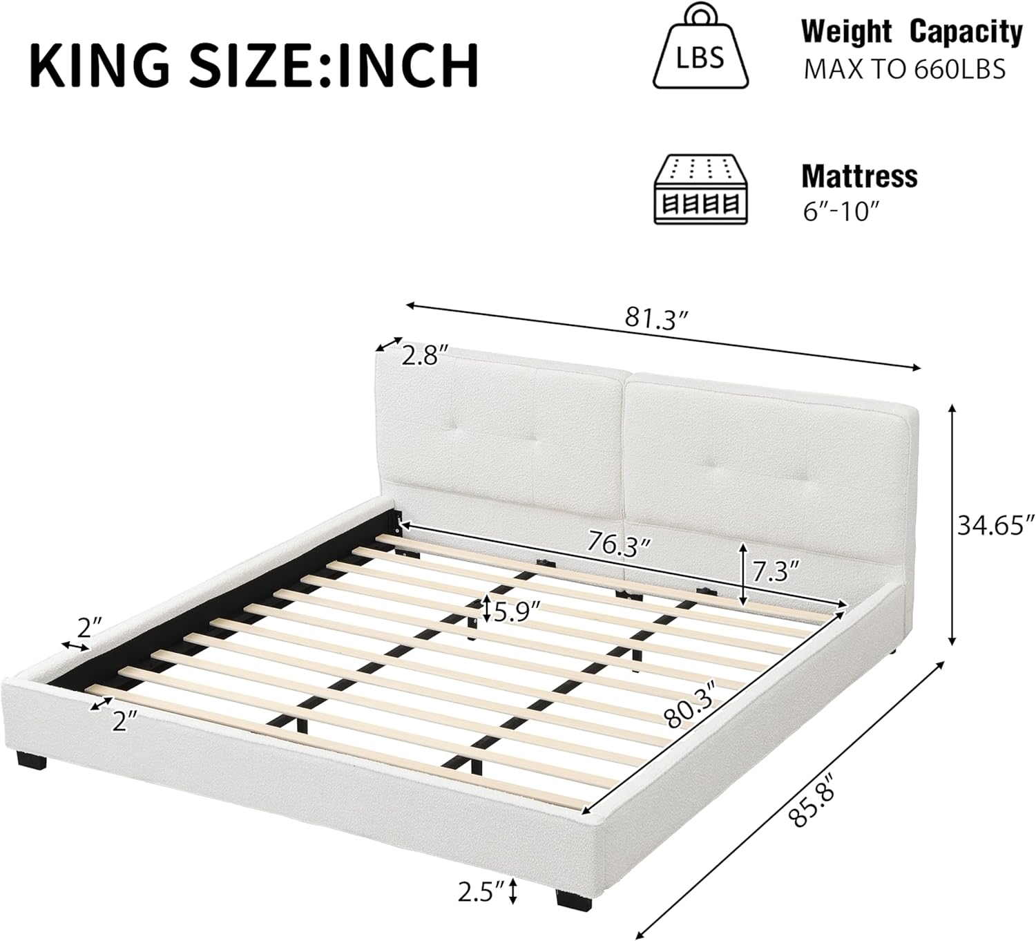 Ball & Cast King Size Bed Frame with Tufted Headboard, Boucle Upholstered Platform Bed with Wood Slats,Soft Square Corners,No Box Spring Needed,Easy Assembly,Beige