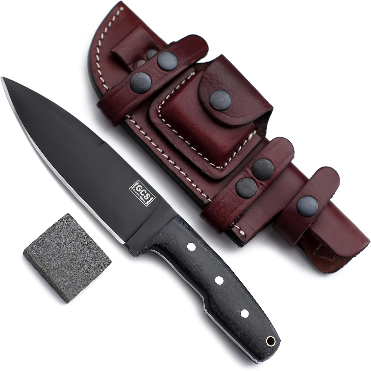 GCS Handmade Bushcraft, Survival, Tactical, Hunting, Camping Knife with Grippy Black Micarta Handle D2 Tool Steel Brown Leather Sheath Left hand cross draw & Right hand scout carry GCS257