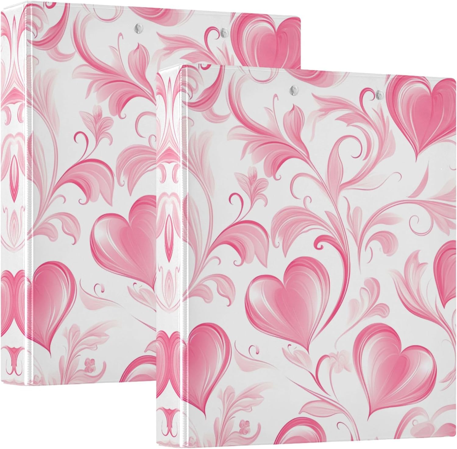 Valentine's Day Pink Hearts 3 Ring Binders, 1.5” Round Ring Binders with Clipboard - Letter Size, 3 Interior PVC Clear Pockets & Anti-Slip Clip for Office School Supplies, 2PCS