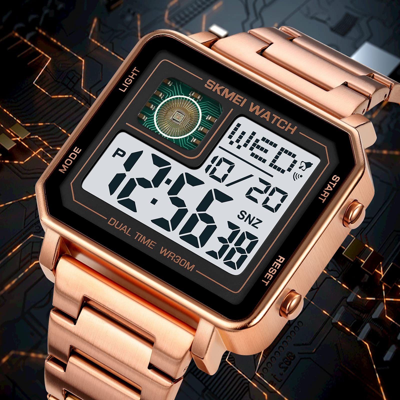 Gosasa Orologio sportivo digitale da uomo, quadrato, con quadrante grande, in acciaio inossidabile, analogico, al quarzo, con cronometro impermeabile, Oro rosato, Digitale