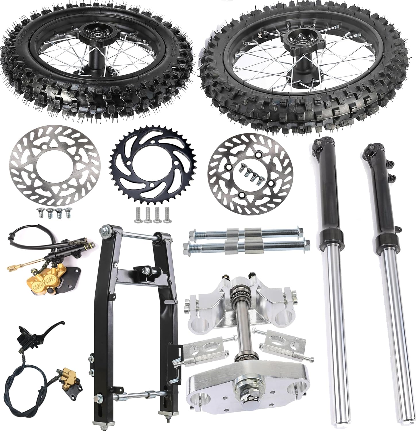 60/100-14 Front & 80/100-12 Rear Wheel Assembly with 630mm Front Fork for Dirt Bikes, Pit Bikes, Motorcycles Taotao SSR 50cc-125cc - Hydraulic Brakes, Sprocket (With Swingarm)