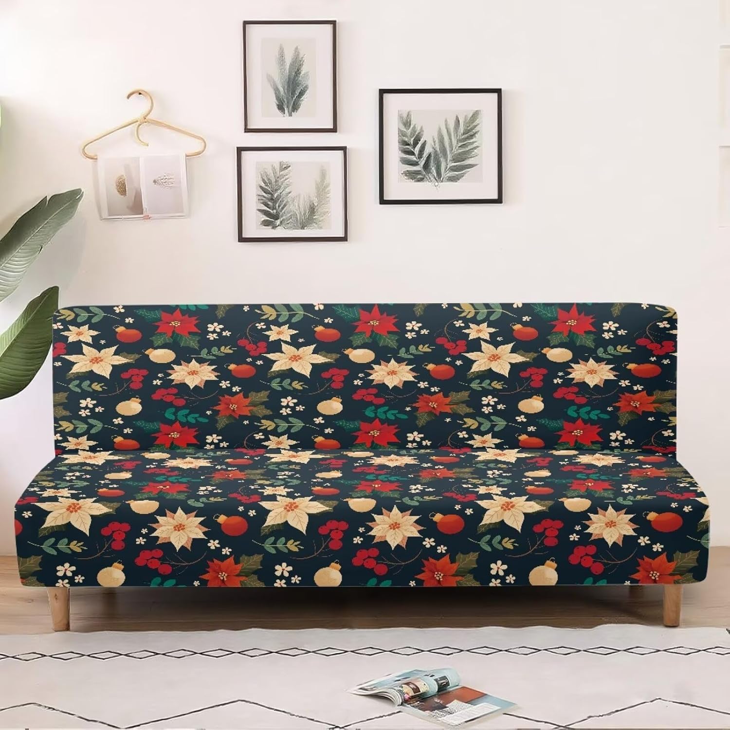 Poinsettia Armless Futon Cover Washable Stretch Futon Couch Cover for Living Room Non Slip Rv Jackknife Sofa Covers Gift for Friends