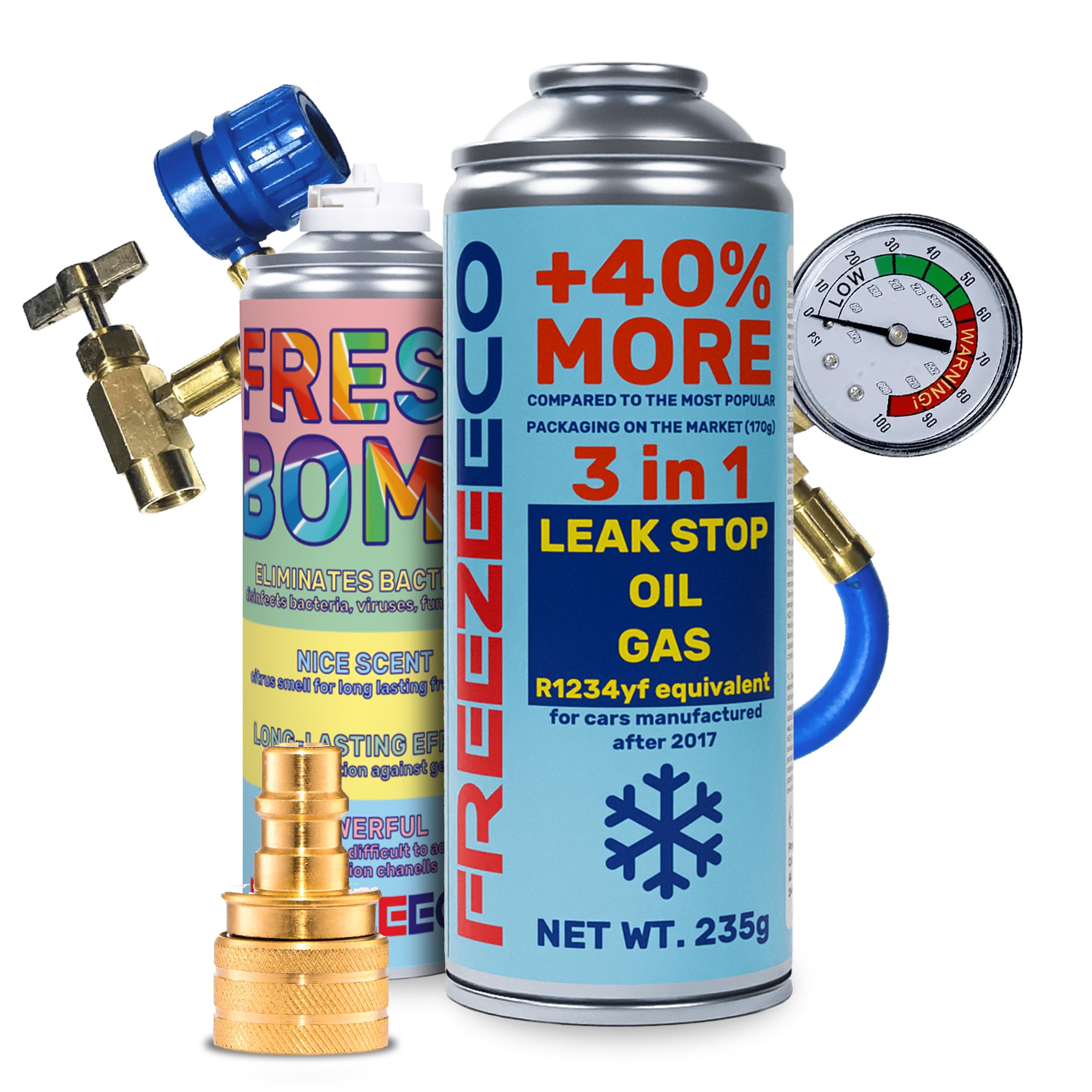 FREEZECO 3-in-1 - R1234yf Kältemittelersatz für die Befüllung von Klimaanlagen für Fahrzeuge nach 2016, 235g + Druckschlauch mit Manometer + YF-Adapter + Refresher-Bombe 136g