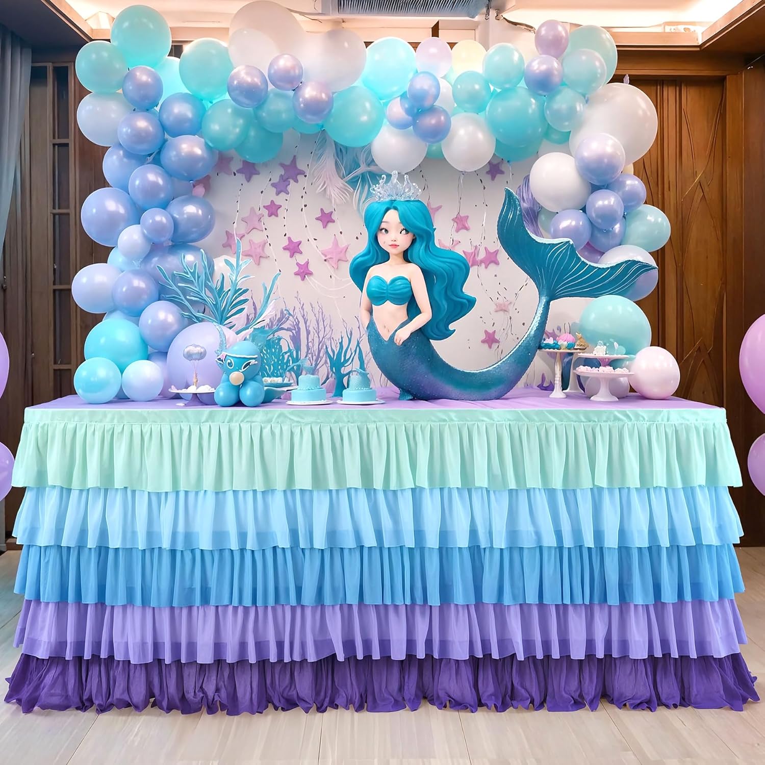 14ft Mermaid Tutu Tulle Table Skirt for Rectangle and Round Tables - Blue Purple Chiffon Decorations for Birthday Party, Baby Shower - Ruffle Skirting