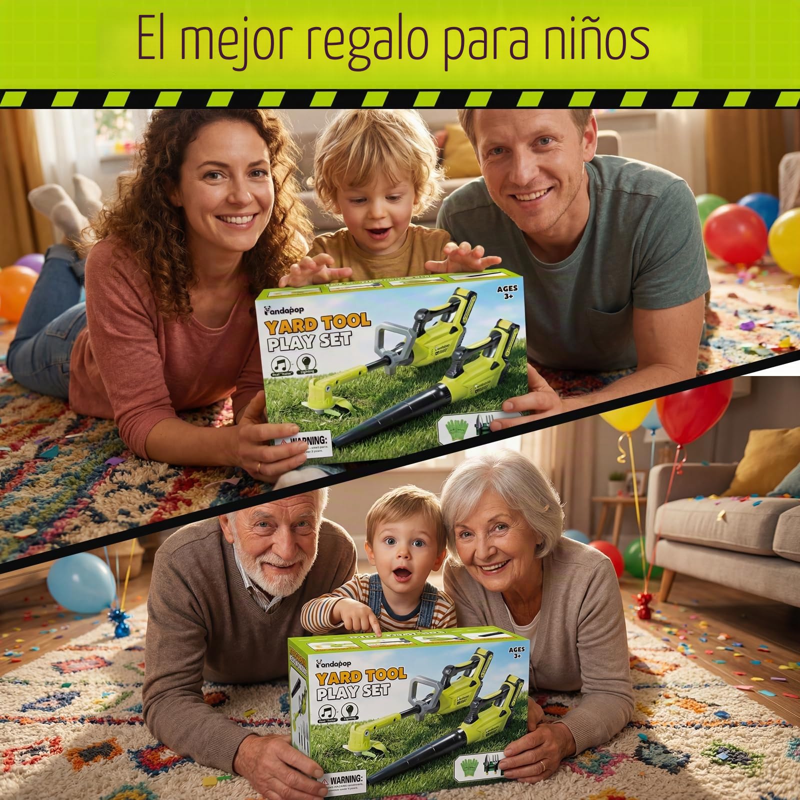 Pandapop 2 In 1 Herramientas Juguete, Desbrozadora Juguete con Luces, Soplador De Hojas con Efectos De Sonido, Herramientas Niños 3 Años con Cinturón De Herramientas Y Guantes