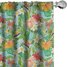 Lunarable Leaf Window Curtains, Vintage Cartoon Style Image of Hawaiian Flowers Crepe Gingers, Lightweight Decor 2-Panel Set with Rod Pocket, Pair of - 28" x 95", Fern Green