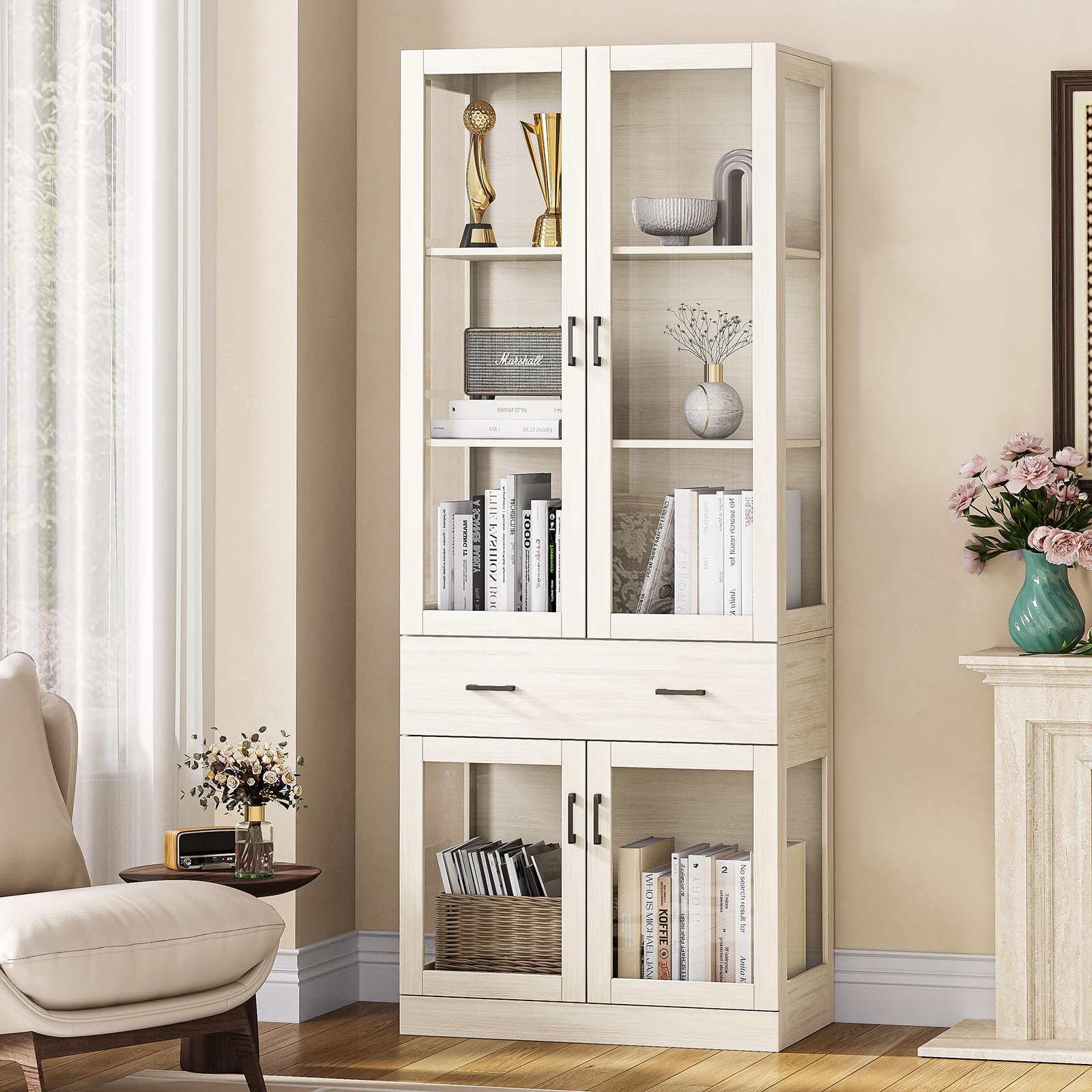 78.7" Tall Display Storage Cabinet with Glass Doors,Farmhouse Pantry Storage Cabinet with 4-Tier Shelves & One Big Drawer,Freestanding Wooden Storage Organizer,Beige White