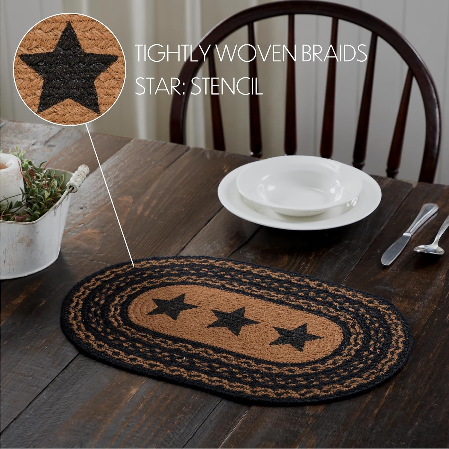 VHC Brands Farmhouse Star Dining Table Placemat, Braided Jute, Oval, Black Tan, 10x15, 4 Pack 4 Pack