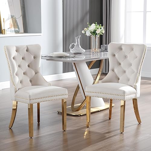 Miniatura 2 de KCC Juego de 4 sillas de comedor tapizadas en terciopelo, sillas modernas capitoné con tirador de anillo con cabeza de león y patas de acero Piernas