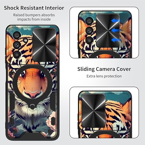 Vista 249 de Funda para Samsung Galaxy A13 5G con cubierta deslizante para lente de cámara y anillo giratorio de 360 grados, soporte híbrido de doble capa Flores