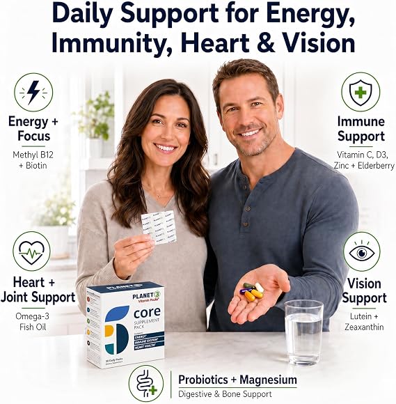 Daily Vitamin Packs for Men & Women Immune, Energy & Heart Support with Vitamin D3, Omega-3, Probiotics, Methyl B12 & Vitamin C Multivitamin with Lutein Planet 3 Vitamin Packs, 30 Packets
