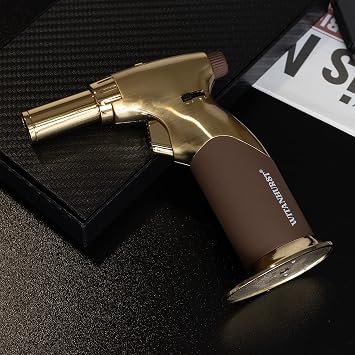 Dual Flame Butane Torch Gun - Refillable Luxury Hand Held Mini Blow Torch for Cooking, Creme Brulee, Soldering, Welding, Resin Art - Adjustable Flame with Ignition Lock - Gold Brown