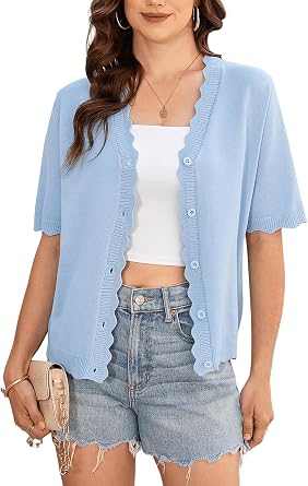 Yekaty Womens 2026 Short Sleeve Summer Cardigan Scalloped Cropped Knit Button Sweater Lightweight Shrug for Dress