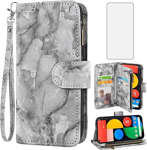 Asuwish Funda de teléfono para Google Pixel 5 Wallet Cell Cover con protector de pantalla de vidrio templado y soporte de tarjeta de crédito con