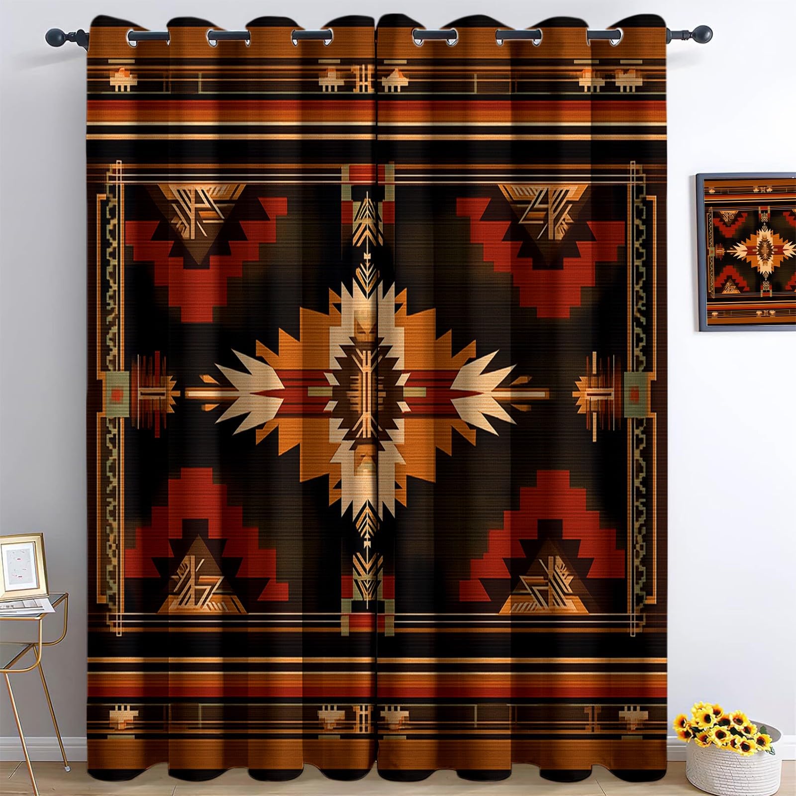 Vintage Teppich Vorhänge B140 x H245 cm (2er Set) Verdunkelungsvorhang für Jungen & Mädchen, Stammesmuster Traditionell Thermogardine Blickdicht mit Ösen, für Büro Schlafzimmer - Dunkelbraun