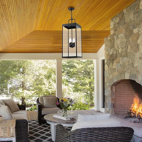 Miniatura 7 de Lámpara colgante grande para exteriores para porche delantero, lámpara colgante de 28 pulgadas con 4 luces negras con vidrio transparente, lámpara