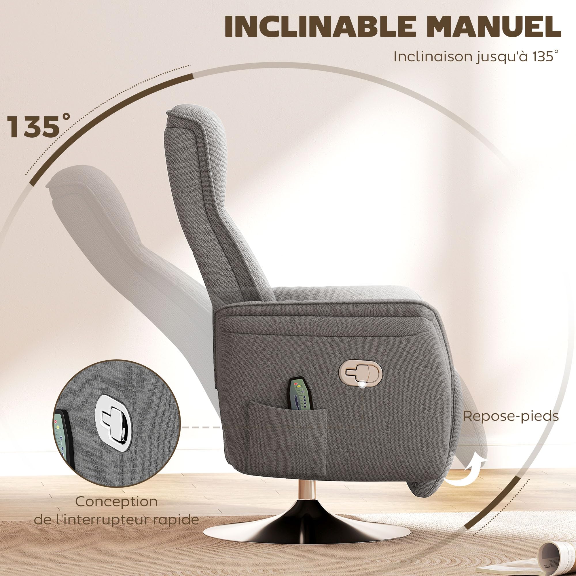 HOMCOM Fauteuil Relax massant, Fauteuil de Relaxation inclinable pivotant à 360°, Dossier et Repose-Pieds réglable, télécommande, Poche latérale, Tissu Aspect Lin, Chaise TV pour Salon Chambre, Gris